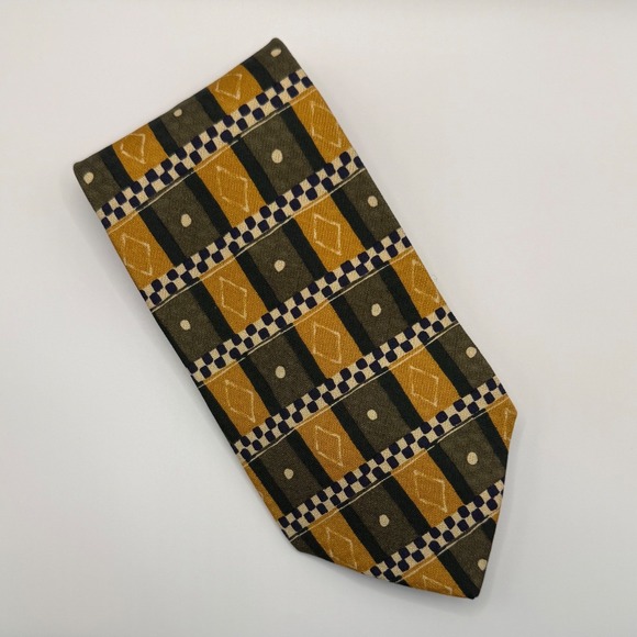 Guess Other - Guess Silk Tie OS Vintage 90s Geometric Diamond Checkered Mustard Olive Navy